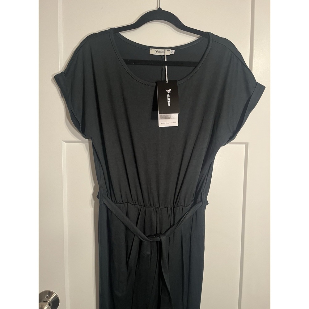 NWT Yidarton Womens XL Dark Green Maxi Dress Short Sleeve Belted Wrap